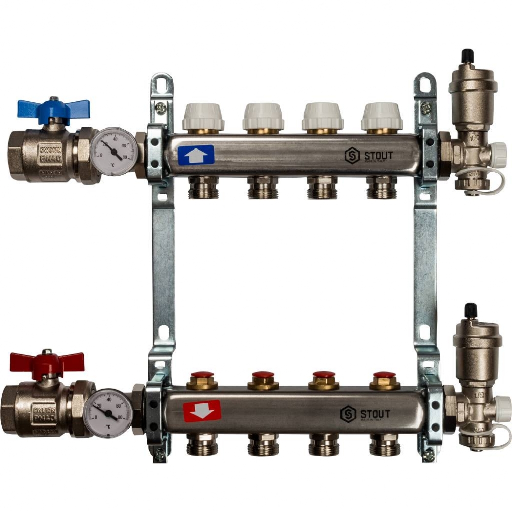 Коллектор из нерж. стали для систем напольного и радиат. отопления с вентилями на 4 выхода STOUT